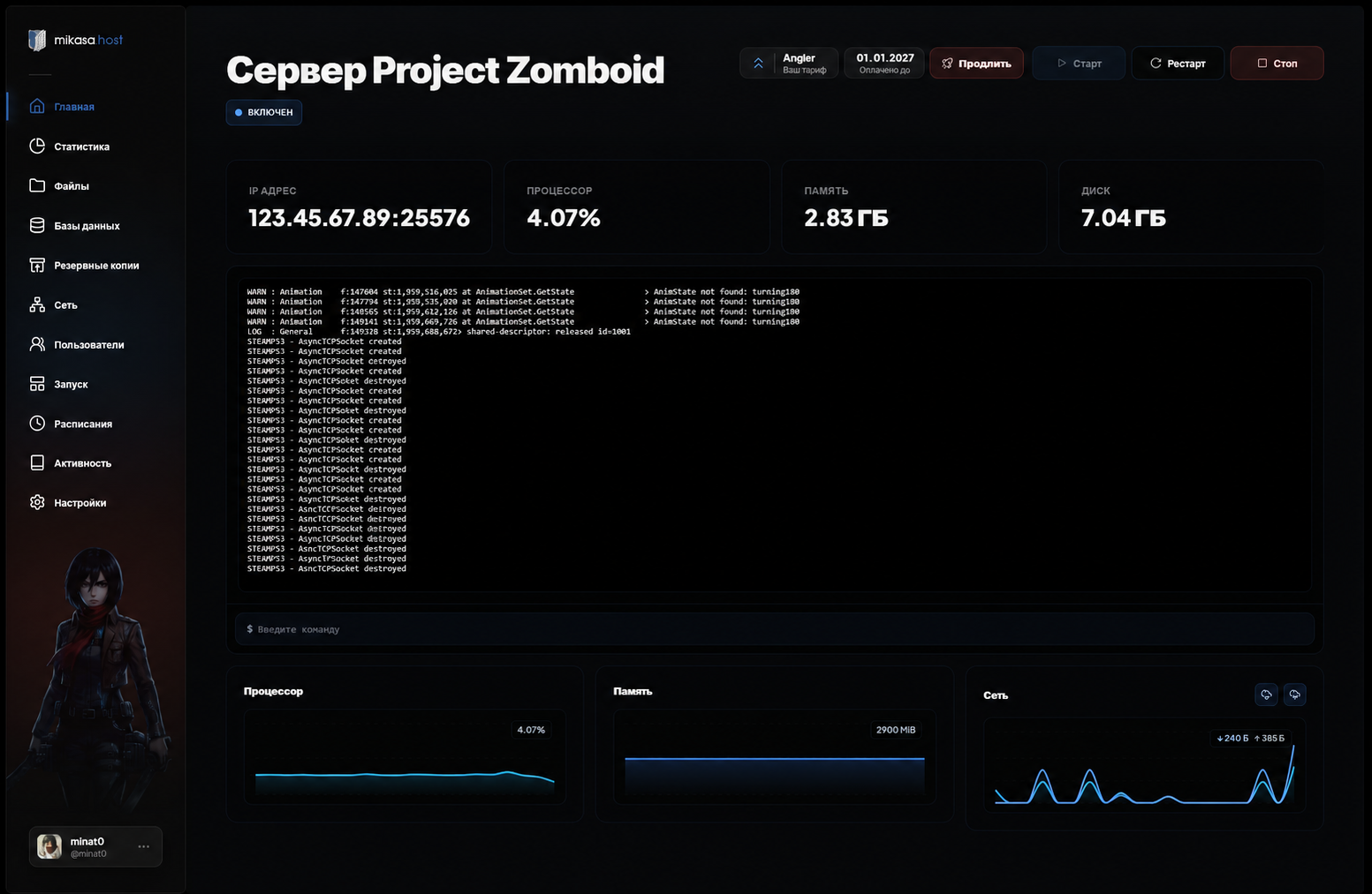 Running Project Zomboid server and connection address in the Mikasa Host panel